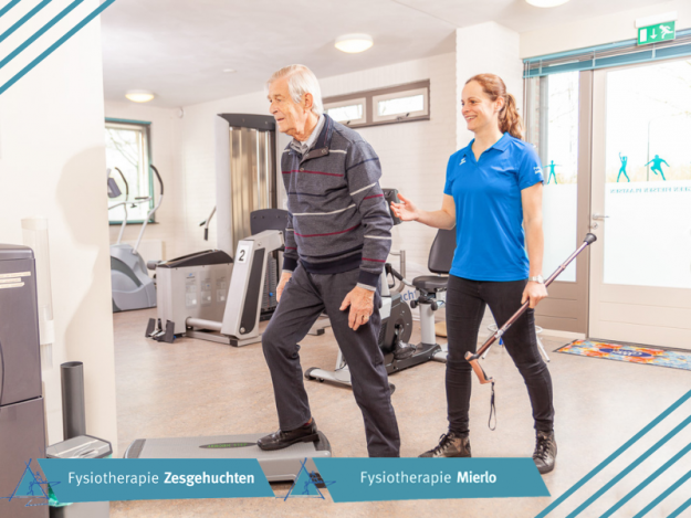 Blog lichamelijke balans – evenwicht Geriatriefysiotherapeut geeft oefeningen aan oudere man voor beter evenwicht en lichamelijke balans