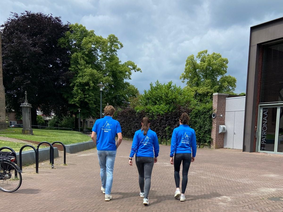 Groepje fysiotherapeuten doen aan beweging en maken een wandeling buiten