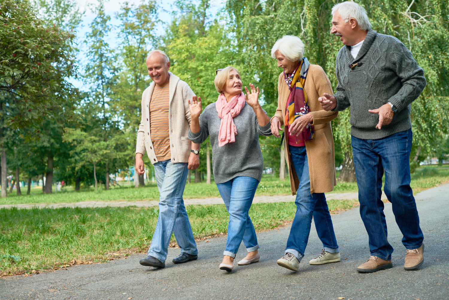 Wandelen Groepje ouderen is buiten aan het Wandelen en maken een gesprek met elkaar