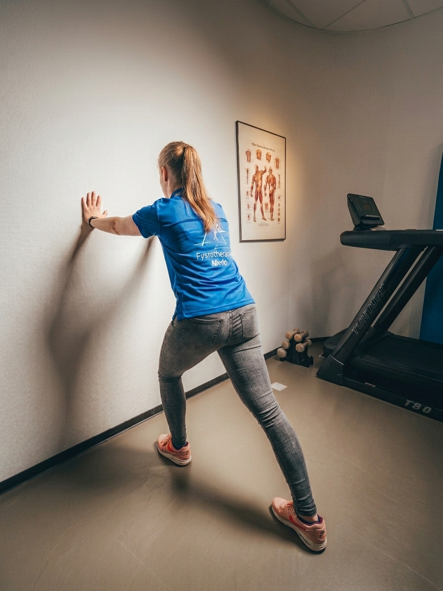 Dagelijks stretchen Fysiotherapeut staat tegen een muur en laat zien hoe je dagelijks moet stretchen.